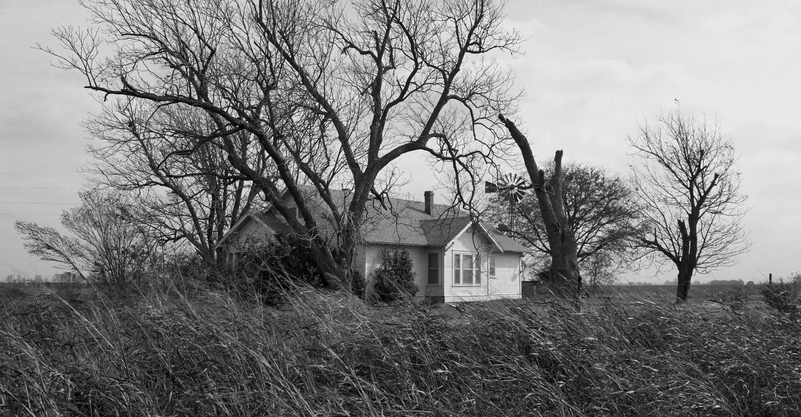Black and white photograph of a house in the distance, surrounded by bare trees